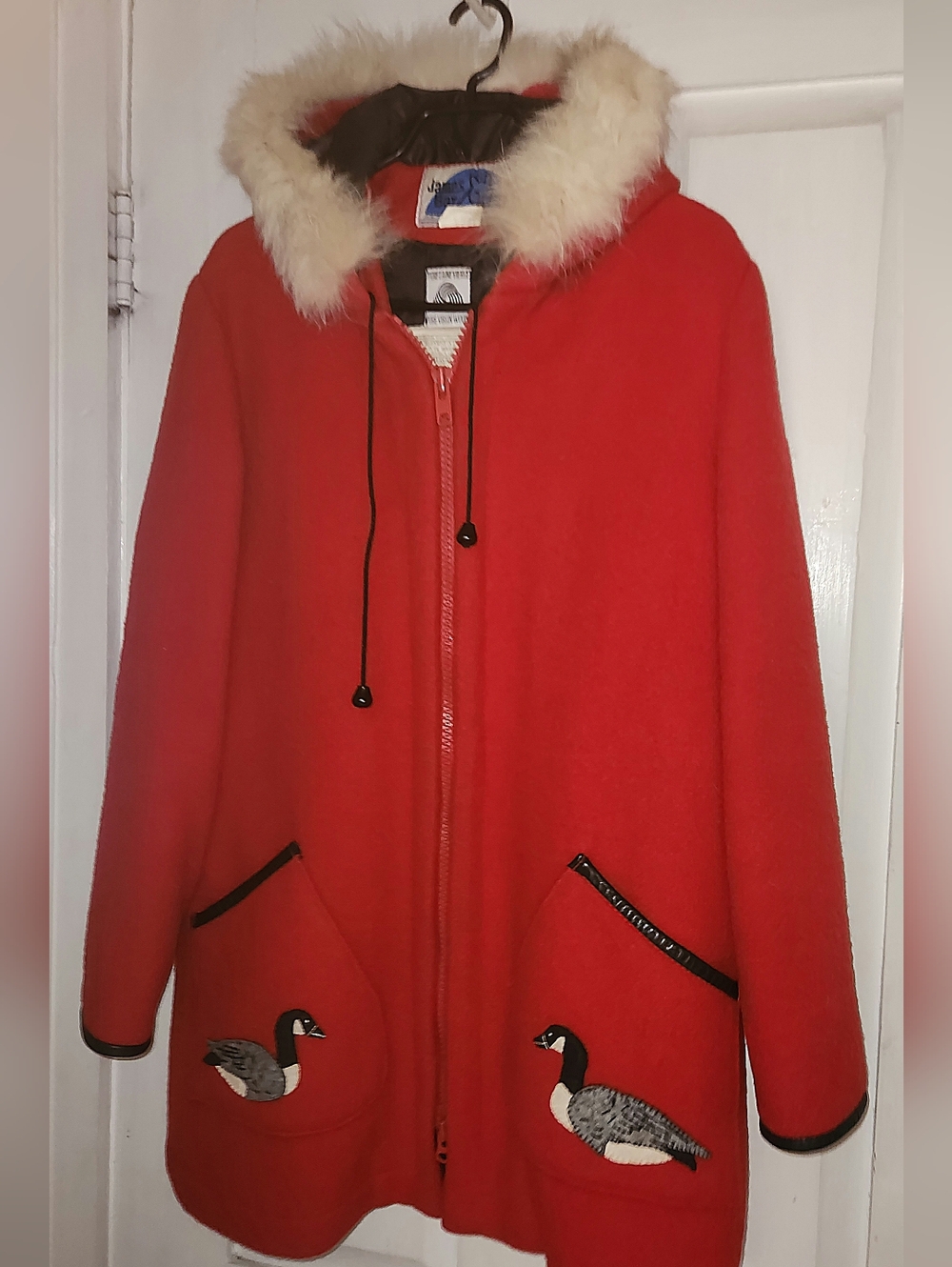 Women's Red Hooded Wool Coat with Fur Trim and Goose Patch James Bay SZ 12